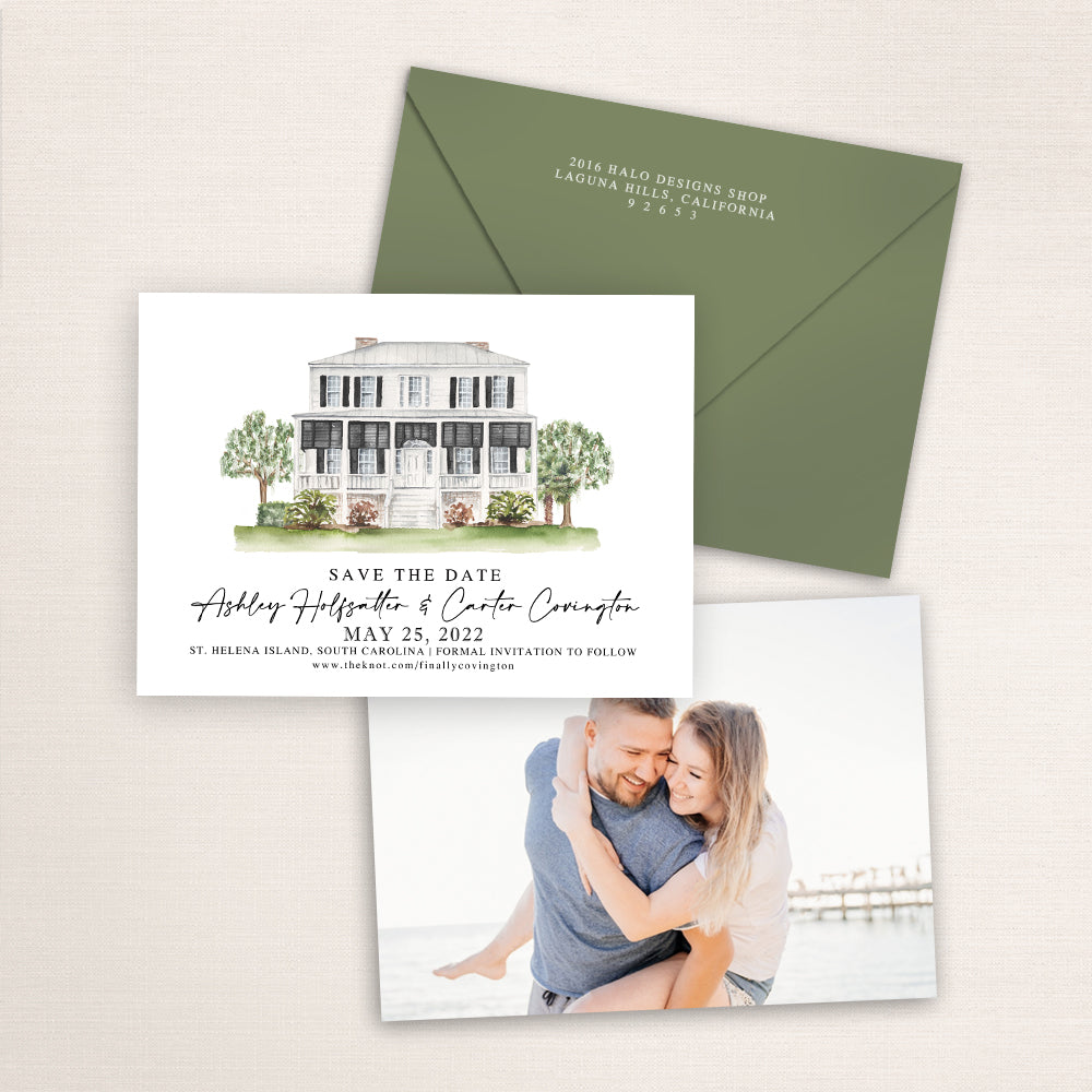 Custom watercolor Save the Date card featuring hand-painted illustration of Agape Oaks on St Helena Island, South Carolina, personalized wedding stationery with elegant venue artwork with matching envelope.