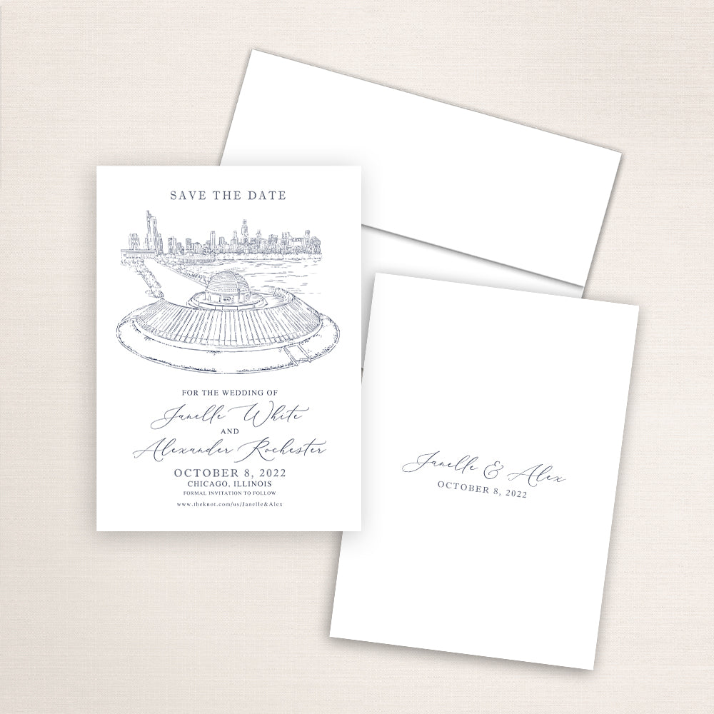 Custom sketch Save the Date card featuring hand-drawn illustration of Alder Planetarium, Chicago, Illinois, personalized wedding stationery with elegant venue artwork.