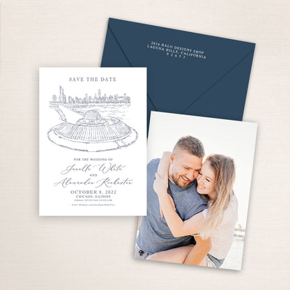 Custom sketch Save the Date card featuring hand-drawn illustration of Alder Planetarium, Chicago, Illinois, personalized wedding stationery with elegant venue artwork with addressed color envelopes.