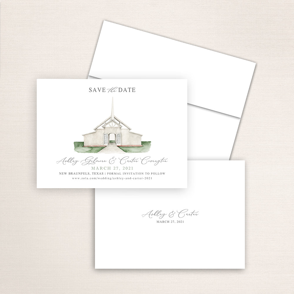 Custom watercolor Save the Date card featuring hand-painted venue illustration of Allen Farmhaus in New Braunfels, Texas personalized wedding stationery with elegant venue artwork. 