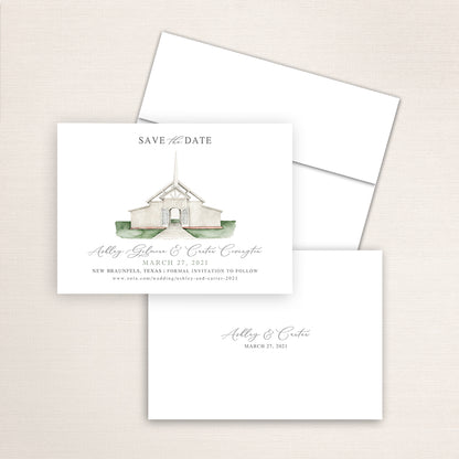 Custom watercolor Save the Date card featuring hand-painted venue illustration of Allen Farmhaus in New Braunfels, Texas personalized wedding stationery with elegant venue artwork. 
