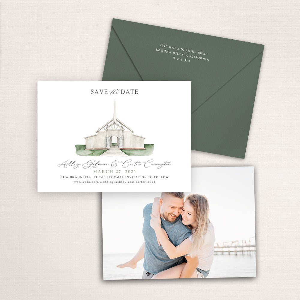 Custom watercolor Save the Date card featuring hand-painted venue illustration of Allen Farmhaus in New Braunfels, Texas personalized wedding stationery with elegant venue artwork with matching encelope. 