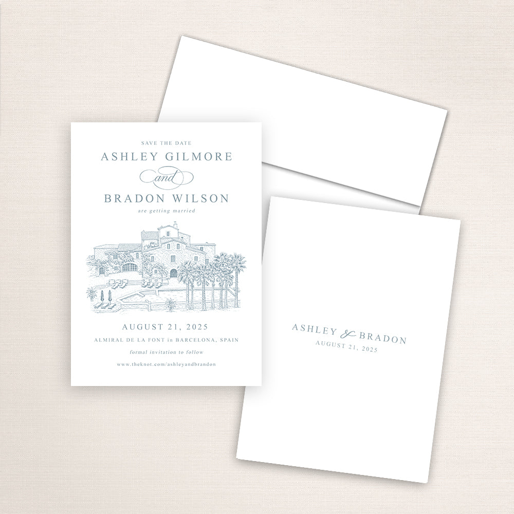 Almiral de la Font Barcelona save the date with refined blue architectural sketch of the villa, classic typography layout, coordinating envelope, and minimalist printed back with wedding date.