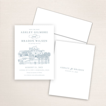 Almiral de la Font Barcelona save the date with refined blue architectural sketch of the villa, classic typography layout, coordinating envelope, and minimalist printed back with wedding date.