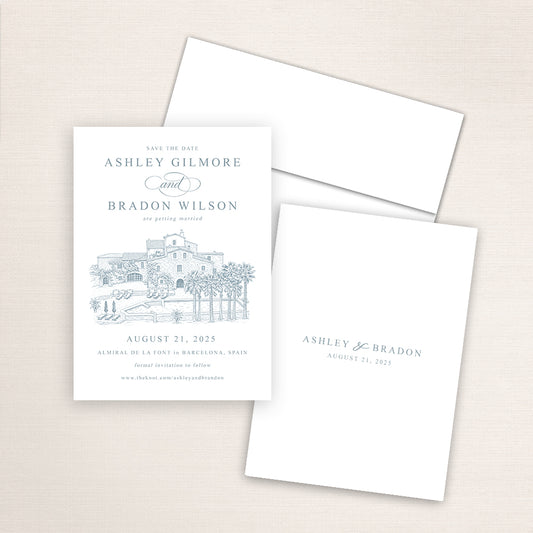 Almiral de la Font Barcelona save the date with refined blue architectural sketch of the villa, classic typography layout, coordinating envelope, and minimalist printed back with wedding date.