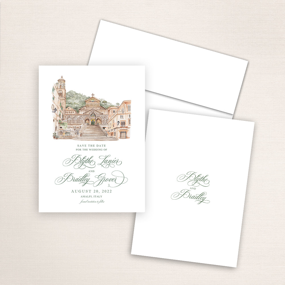 Custom watercolor Save the Date card featuring hand-painted venue illustration of Amalfi Cathedral in Italy personalized wedding stationery with elegant venue artwork. 
