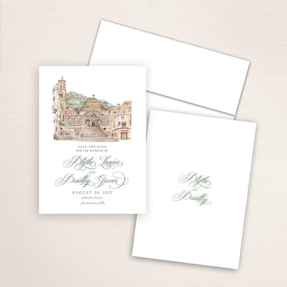 Custom watercolor Save the Date card featuring hand-painted venue illustration of Amalfi Cathedral in Italy personalized wedding stationery with elegant venue artwork. 