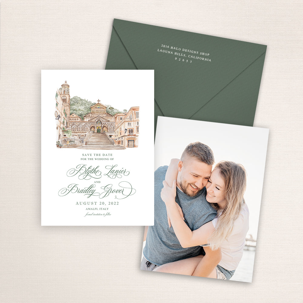 Custom watercolor Save the Date card featuring hand-painted venue illustration of Amalfi Cathedral in Italy personalized wedding stationery with elegant venue artwork with matching envelope. 