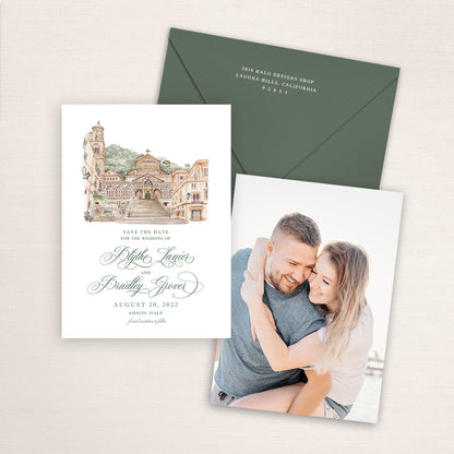 Custom watercolor Save the Date card featuring hand-painted venue illustration of Amalfi Cathedral in Italy personalized wedding stationery with elegant venue artwork with matching envelope. 