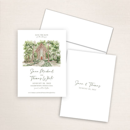 Custom watercolor Save the Date card featuring hand-painted venue illustration of Anthony Chapel in Elizabethtown, Pennsylvania personalized wedding stationery with elegant venue artwork. 