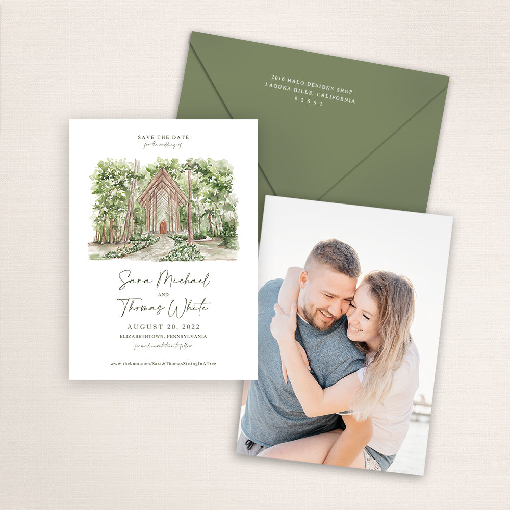 Custom watercolor Save the Date card featuring hand-painted venue illustration of Anthony Chapel in Elizabethtown, Pennsylvania personalized wedding stationery with elegant venue artwork with matching envelope. 
