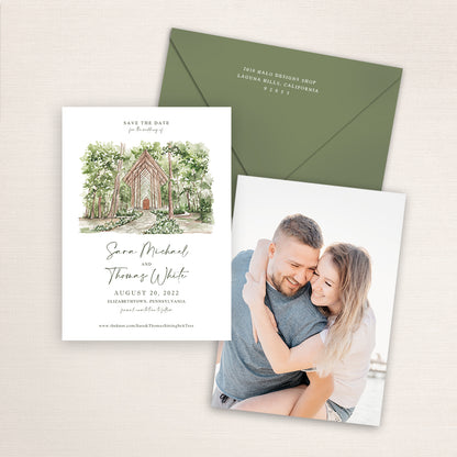 Custom watercolor Save the Date card featuring hand-painted venue illustration of Anthony Chapel in Elizabethtown, Pennsylvania personalized wedding stationery with elegant venue artwork with matching envelope. 