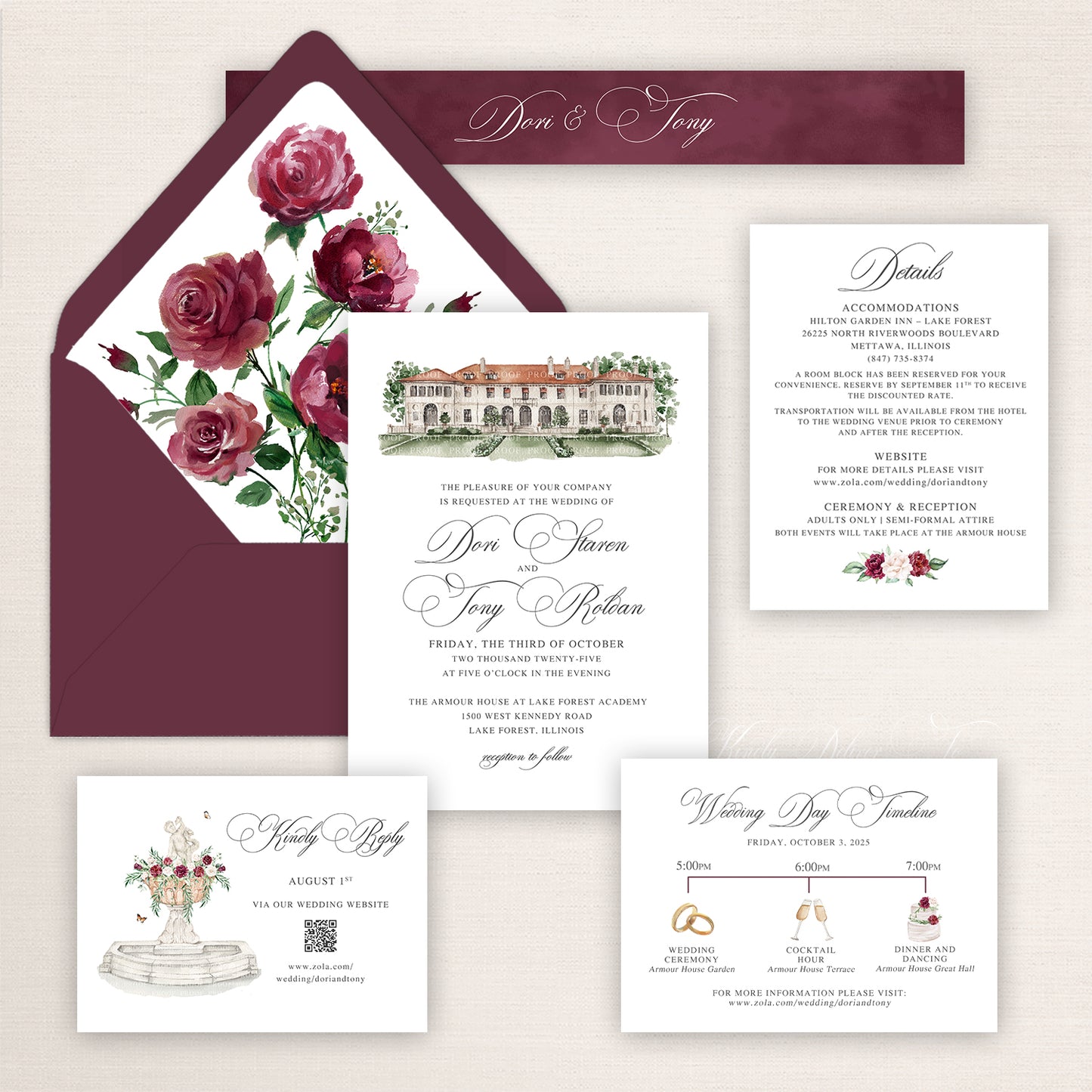 Armour House wedding invitation suite with watercolor venue illustration, burgundy envelope and rose liner, RSVP card, details insert, and wedding day timeline card.