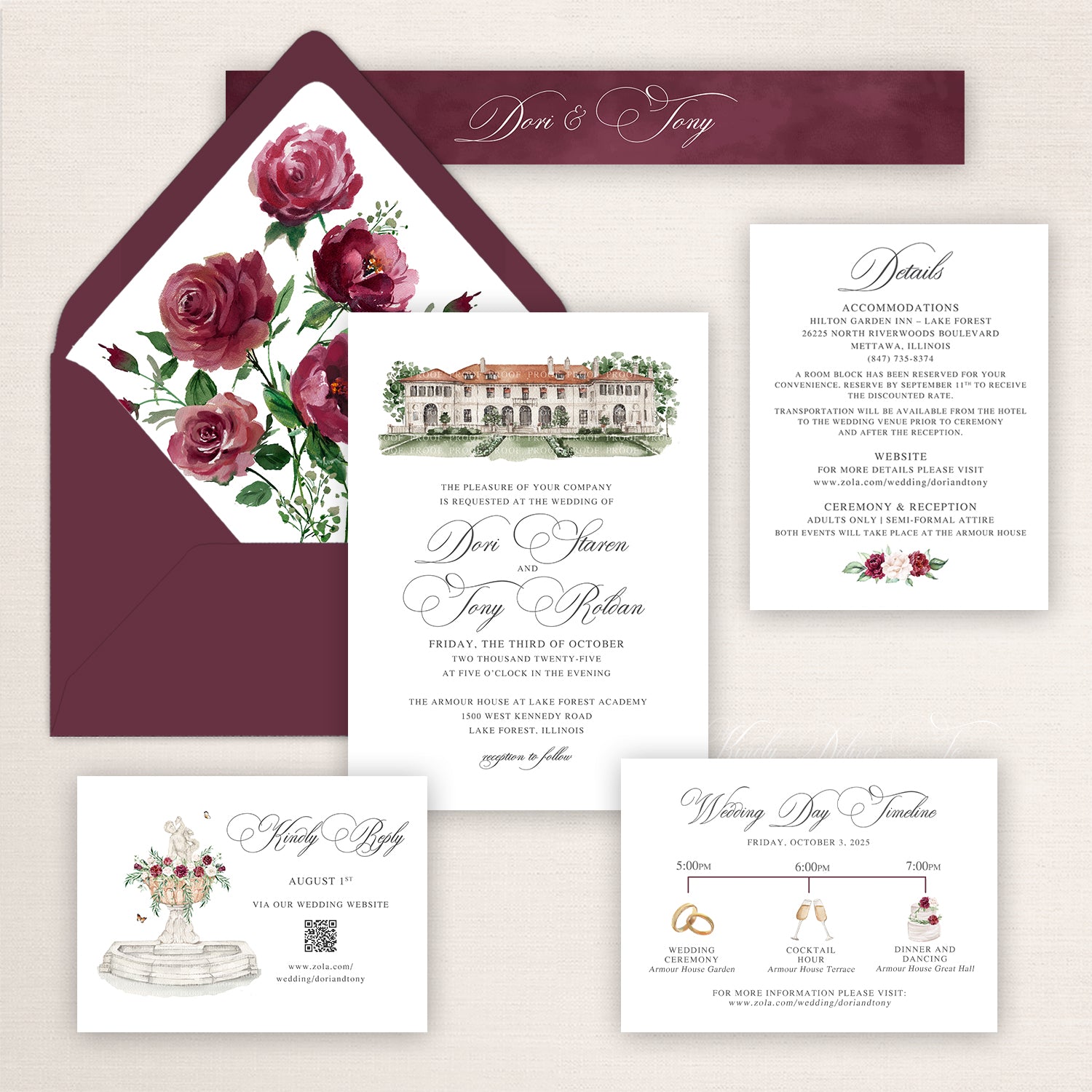 Armour House wedding invitation suite with watercolor venue illustration, burgundy envelope and rose liner, RSVP card, details insert, and wedding day timeline card.