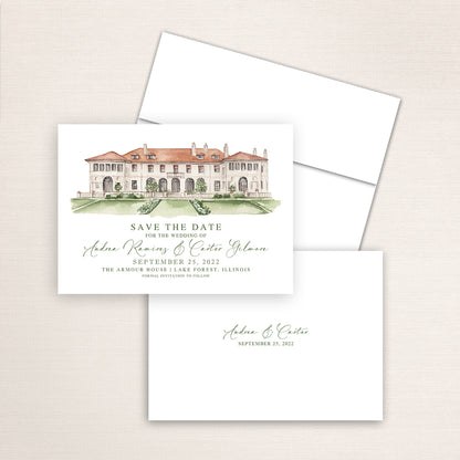 Custom watercolor Save the Date card featuring hand-painted venue illustration of the Armour House in Lake Forest, Illinois, personalized wedding stationery with elegant venue artwork. 