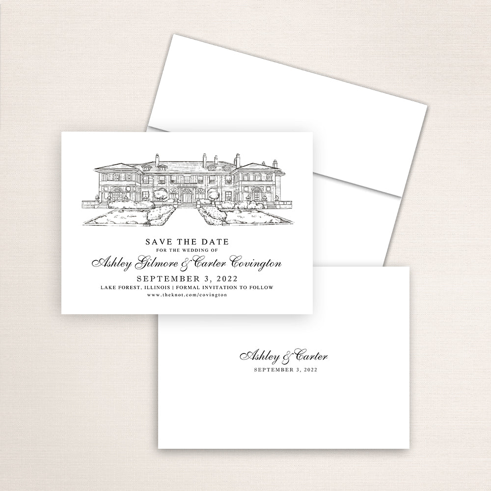 Custom Sketch Save the Date card featuring hand-drawn venue illustration of the Amour House in Lake Forest, Illinois, personalized wedding stationery with elegant venue artwork. 