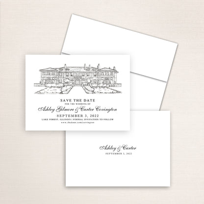 Custom Sketch Save the Date card featuring hand-drawn venue illustration of the Amour House in Lake Forest, Illinois, personalized wedding stationery with elegant venue artwork. 