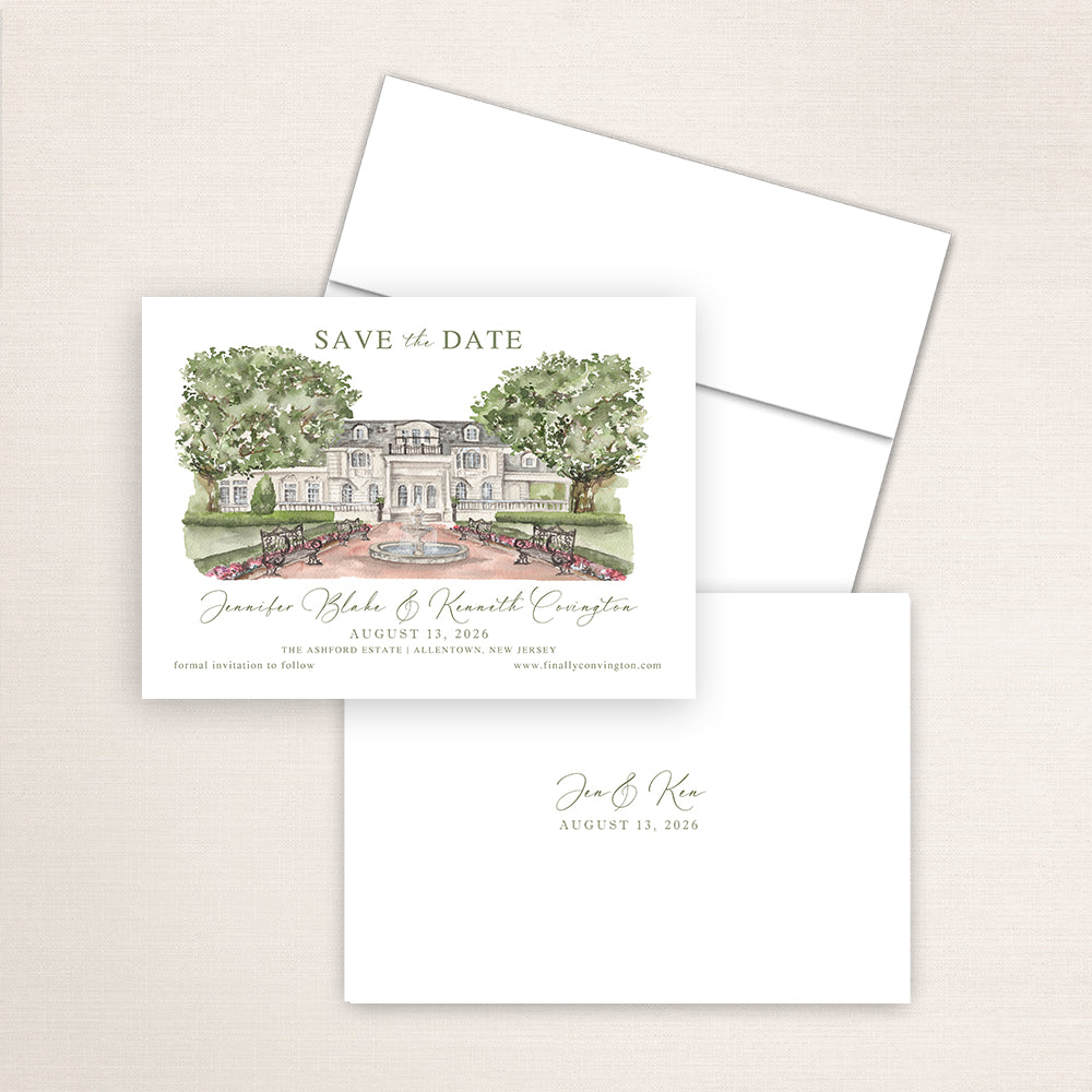 Watercolor Ashford Estate save the date card with a hand-painted venue illustration, shown with a light envelope and a coordinating printed back featuring the couple’s names and wedding date.