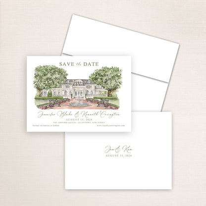 Watercolor Ashford Estate save the date card with a hand-painted venue illustration, shown with a light envelope and a coordinating printed back featuring the couple’s names and wedding date.