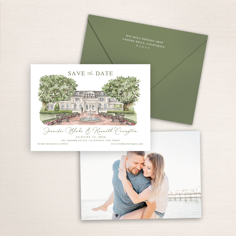 Watercolor Ashford Estate save the date card featuring a hand-painted estate illustration, paired with a green envelope and a couple’s engagement photo printed on the back.