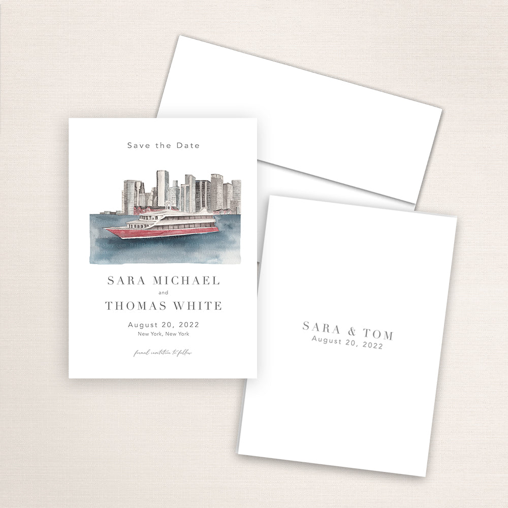 Custom watercolor Save the Date card featuring hand-painted venue illustration of Atlantica Yacht Club  in New York City personalized wedding stationery with elegant venue artwork. 