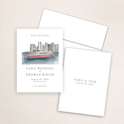 Custom watercolor Save the Date card featuring hand-painted venue illustration of Atlantica Yacht Club  in New York City personalized wedding stationery with elegant venue artwork. 