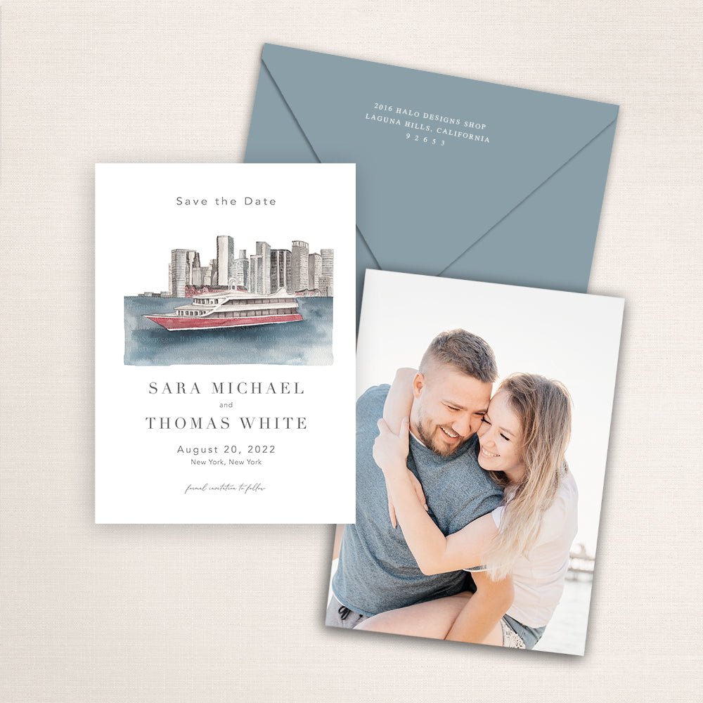 Custom watercolor Save the Date card featuring hand-painted venue illustration of Atlantica Yacht Club  in New York City personalized wedding stationery with elegant venue artwork with matching envelope. 