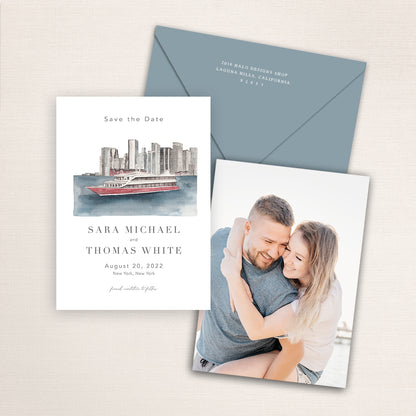 Custom watercolor Save the Date card featuring hand-painted venue illustration of Atlantica Yacht Club  in New York City personalized wedding stationery with elegant venue artwork with matching envelope. 