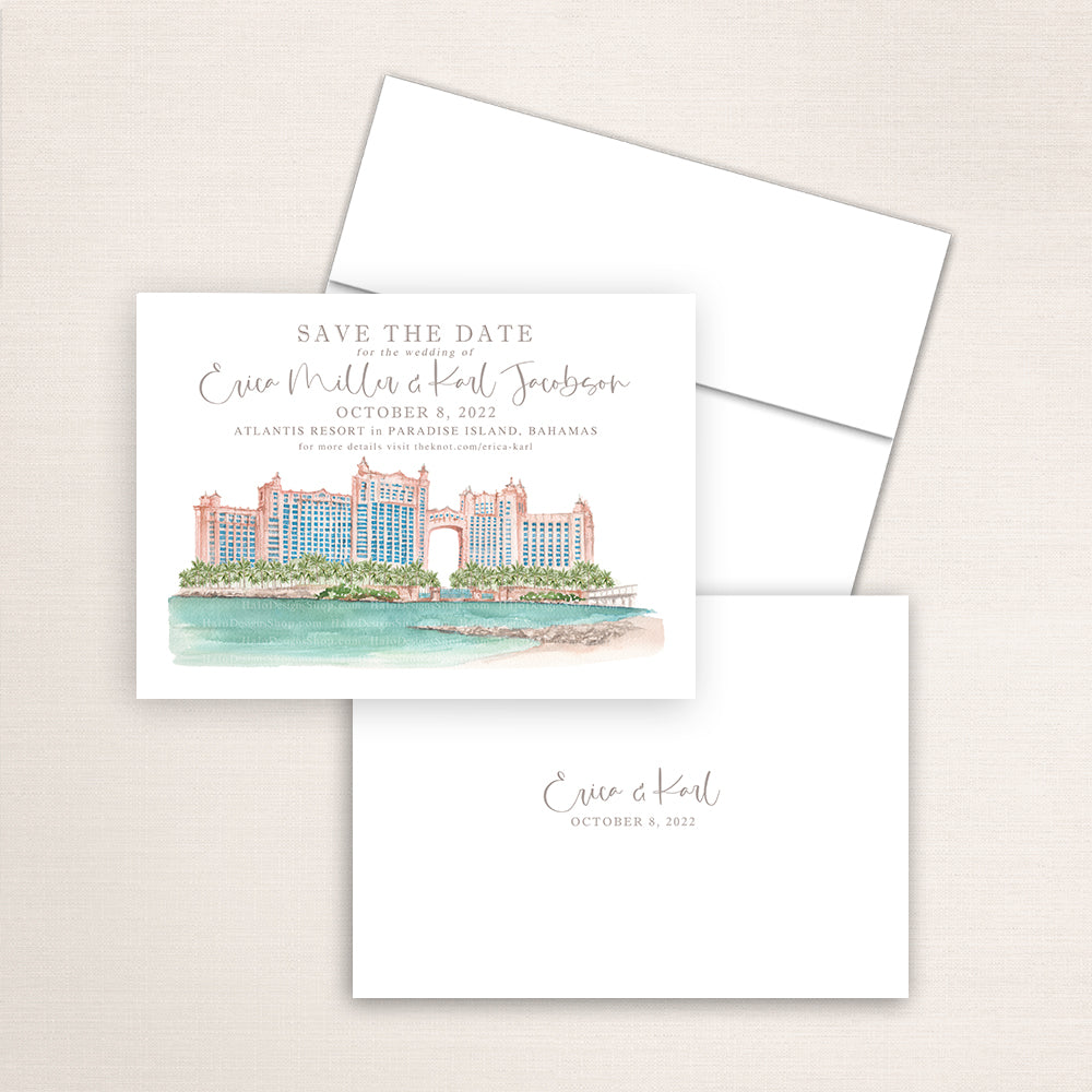 Custom watercolor Save the Date card featuring hand-painted venue illustration of Atlantis Resort in the Bahamas personalized wedding stationery with elegant venue artwork. 