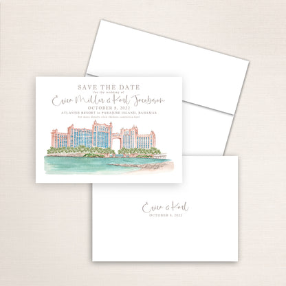 Custom watercolor Save the Date card featuring hand-painted venue illustration of Atlantis Resort in the Bahamas personalized wedding stationery with elegant venue artwork. 