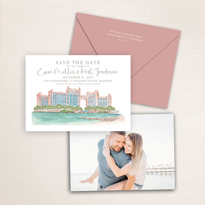 Custom watercolor Save the Date card featuring hand-painted venue illustration of Atlantis Resort in the Bahamas personalized wedding stationery with elegant venue artwork with matching envelope. 