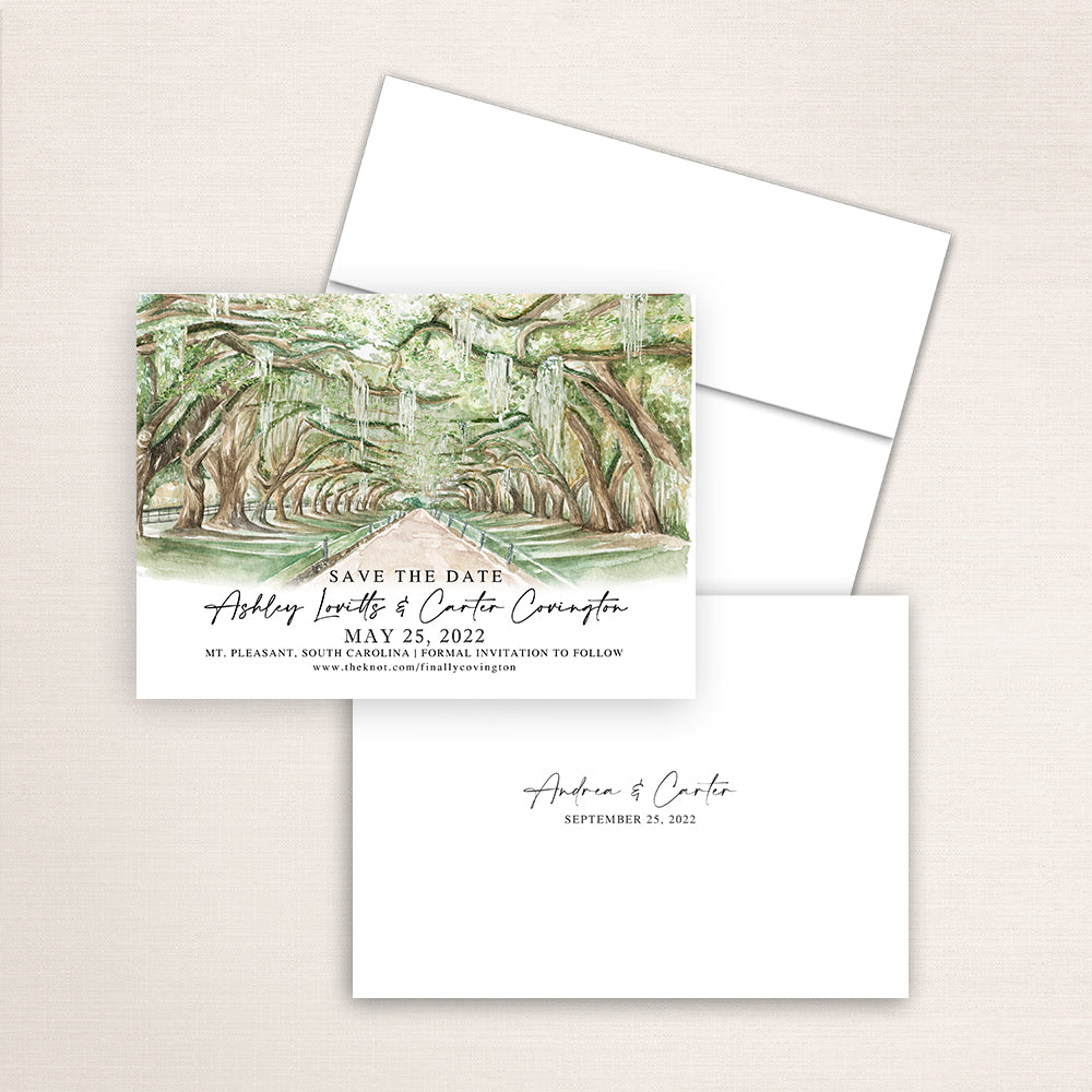 Custom watercolor Save the Date card featuring hand-painted venue illustration of Avenue of the Oaks in Mt. Pleasant, South Carolina personalized wedding stationery with elegant venue artwork. 