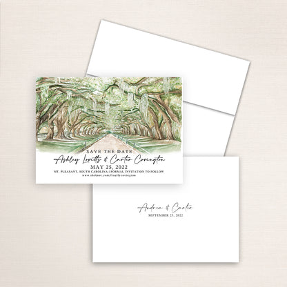 Custom watercolor Save the Date card featuring hand-painted venue illustration of Avenue of the Oaks in Mt. Pleasant, South Carolina personalized wedding stationery with elegant venue artwork. 