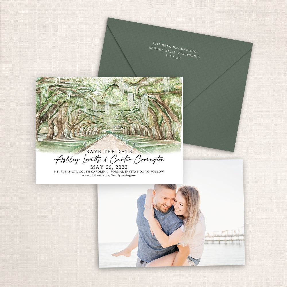 Custom watercolor Save the Date card featuring hand-painted venue illustration of Avenue of the Oaks in Mt. Pleasant, South Carolina personalized wedding stationery with elegant venue artwork with matching envelope. 