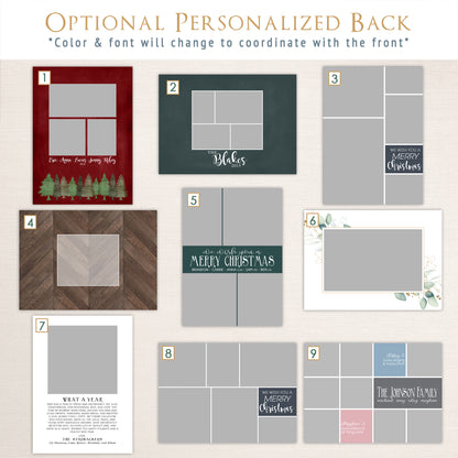 Optional personalized holiday card back design templates from Halo Design Shop featuring a variety of modern and festive layouts, including multi-photo collage options, family letter formats, seasonal greetings, and full-photo or message-based designs. Each style coordinates with the front of the card, with customizable colors, fonts, and layouts to match your personalized holiday photo cards. Part 1 of 2.