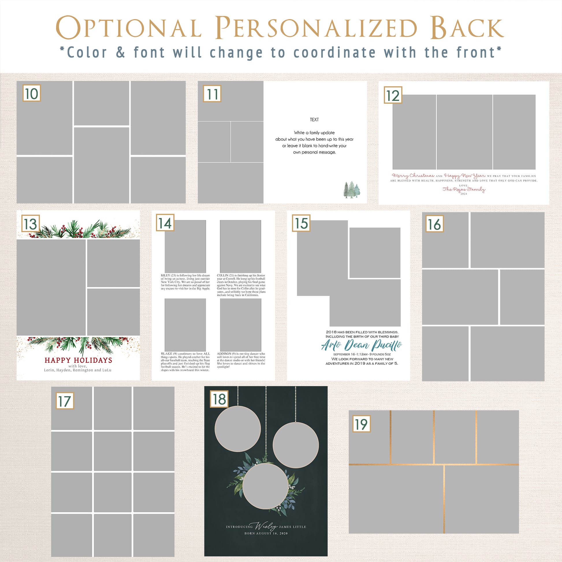 Optional personalized holiday card back design templates from Halo Design Shop featuring a variety of modern and festive layouts, including multi-photo collage options, family letter formats, seasonal greetings, and full-photo or message-based designs. Each style coordinates with the front of the card, with customizable colors, fonts, and layouts to match your personalized holiday photo cards. Part 2 of 2.