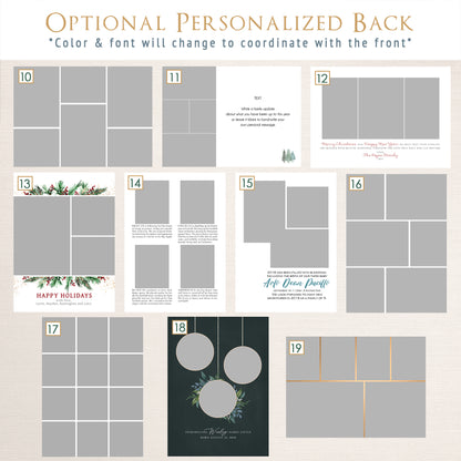 Optional personalized holiday card back design templates from Halo Design Shop featuring a variety of modern and festive layouts, including multi-photo collage options, family letter formats, seasonal greetings, and full-photo or message-based designs. Each style coordinates with the front of the card, with customizable colors, fonts, and layouts to match your personalized holiday photo cards. Part 2 of 2.