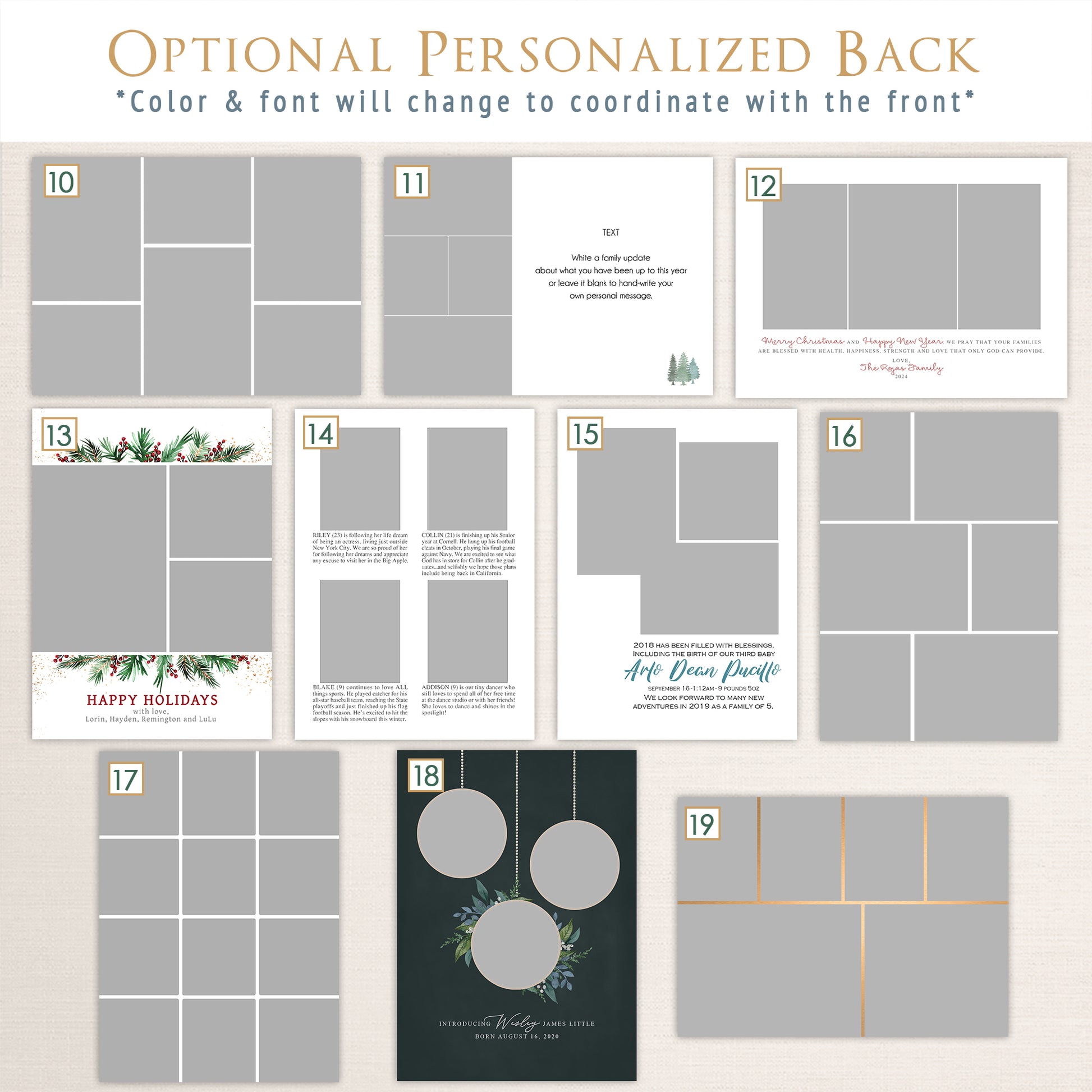 Optional personalized holiday card back design templates from Halo Design Shop featuring a variety of modern and festive layouts, including multi-photo collage options, family letter formats, seasonal greetings, and full-photo or message-based designs. Each style coordinates with the front of the card, with customizable colors, fonts, and layouts to match your personalized holiday photo cards. Part 2 of 2.