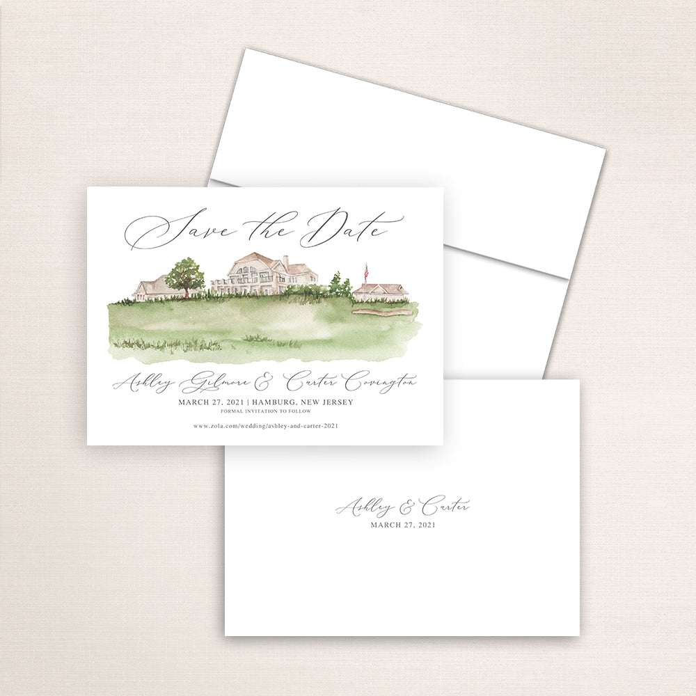 Custom watercolor Save the Date card featuring hand-painted venue illustration of Ballyowen Golf Club  in Hamburg, New Jersey personalized wedding stationery with elegant venue artwork. 