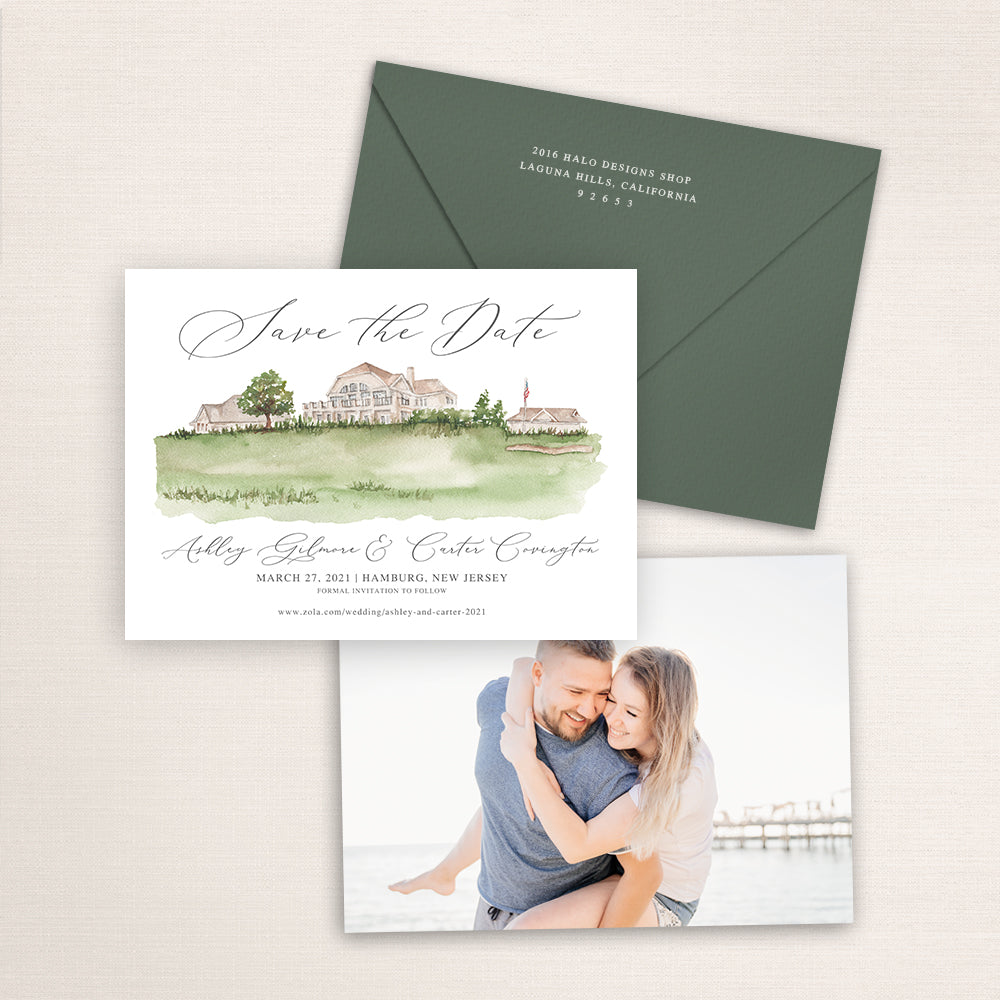 Custom watercolor Save the Date card featuring hand-painted venue illustration of Ballyowen Golf Club  in Hamburg, New Jersey personalized wedding stationery with elegant venue artwork with matching envelope. 