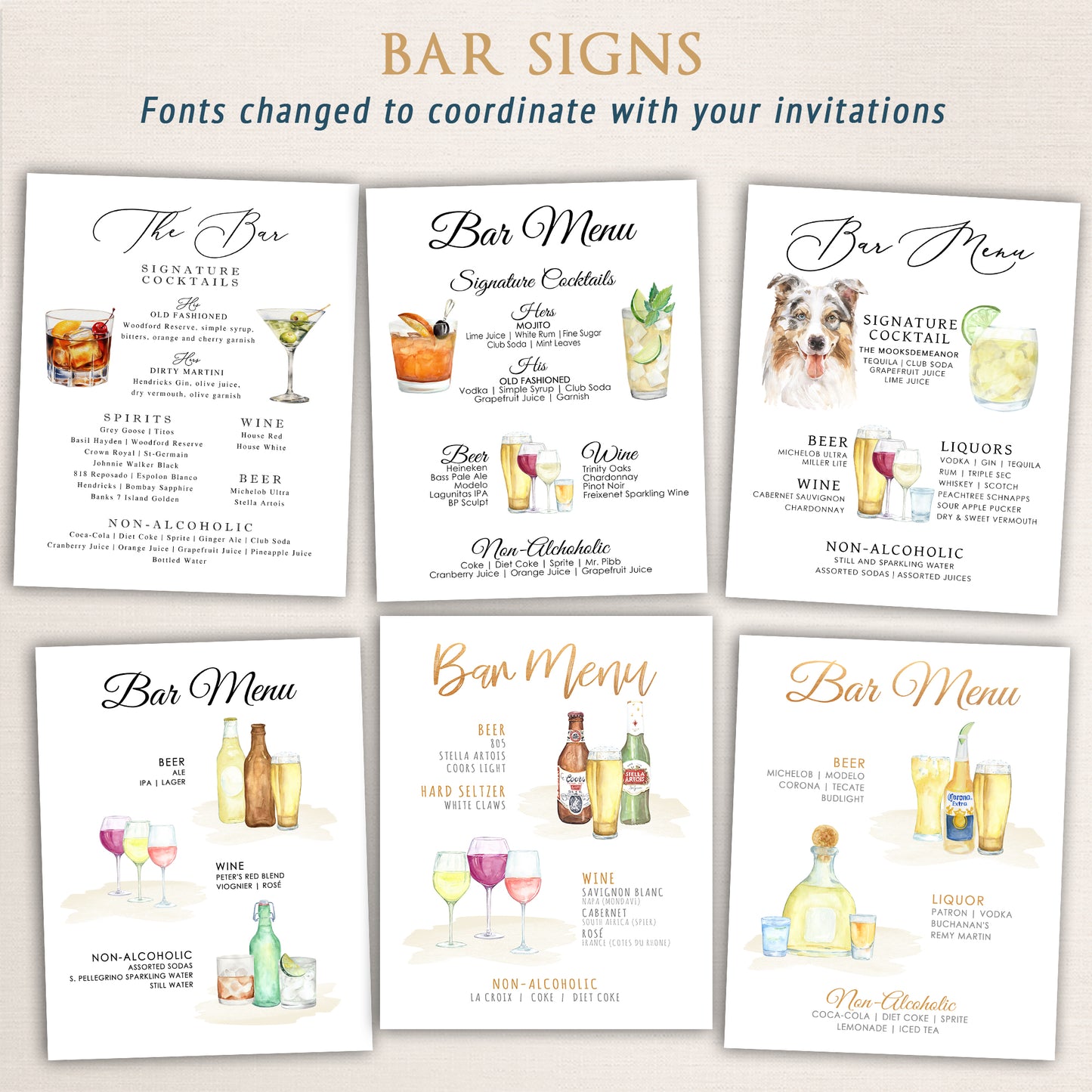 Collection of watercolor bar menu signs for weddings showcasing signature cocktails, wine, beer, and liquor options. Includes illustrated drinks, pet portraits, and custom fonts designed to coordinate with wedding invitations.
