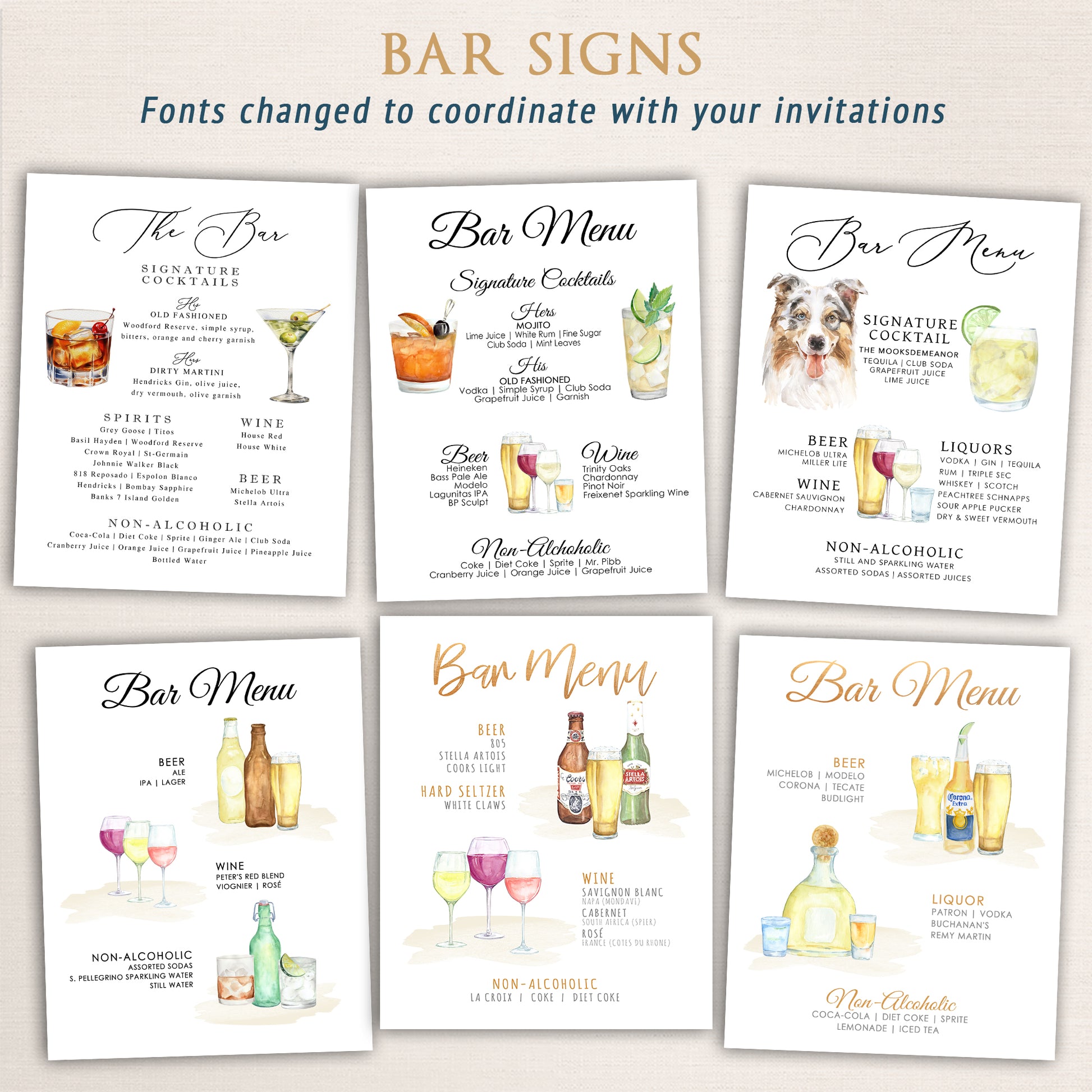 Collection of watercolor bar menu signs for weddings showcasing signature cocktails, wine, beer, and liquor options. Includes illustrated drinks, pet portraits, and custom fonts designed to coordinate with wedding invitations.