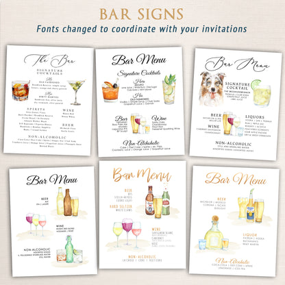 Collection of watercolor bar menu signs for weddings showcasing signature cocktails, wine, beer, and liquor options. Includes illustrated drinks, pet portraits, and custom fonts designed to coordinate with wedding invitations.