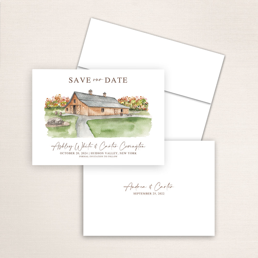 Custom watercolor Save the Date card featuring hand-painted venue illustration of the Barn at Indian Ridge in Hudson Valley, New York personalized wedding stationery with elegant venue artwork. 