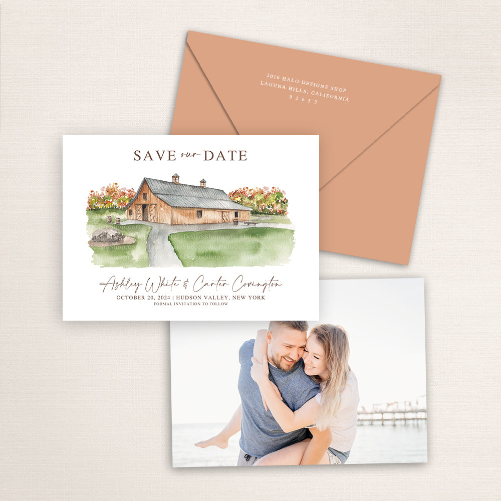Custom watercolor Save the Date card featuring hand-painted venue illustration of the Barn at Indian Ridge in Hudson Valley, New York personalized wedding stationery with elegant venue artwork with matching art work. 