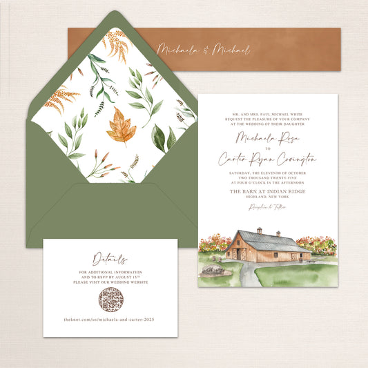 Barn at Indian Ridge wedding invitation suite featuring a watercolor barn illustration, fall foliage envelope liner, and matching details card with rustic accents.