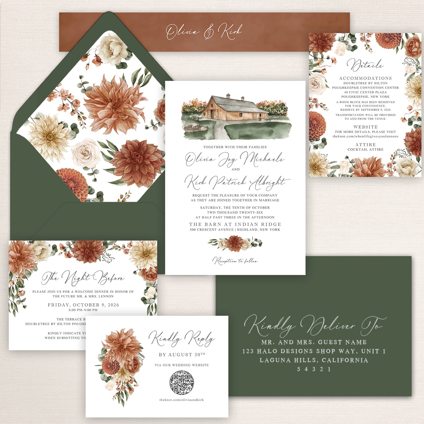 Elegant fall wedding invitation suite featuring a deep olive green envelope with a watercolor floral envelope liner of muted burnt orange dahlias, cream roses, and autumn foliage, formal invitation with a watercolor illustration of the Barn at Indian Ridge, coordinating floral details card, rehearsal dinner card, RSVP card with floral bouquet and QR code, coordinating guest addressing envelope, and personalized belly band in warm terracotta, olive green, cream, and muted autumn tones.