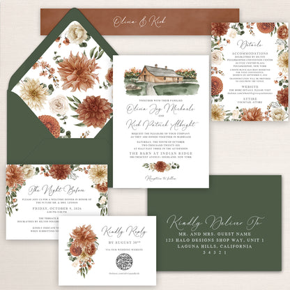 Elegant fall wedding invitation suite featuring a deep olive green envelope with a watercolor floral envelope liner of muted burnt orange dahlias, cream roses, and autumn foliage, formal invitation with a watercolor illustration of the Barn at Indian Ridge, coordinating floral details card, rehearsal dinner card, RSVP card with floral bouquet and QR code, coordinating guest addressing envelope, and personalized belly band in warm terracotta, olive green, cream, and muted autumn tones.