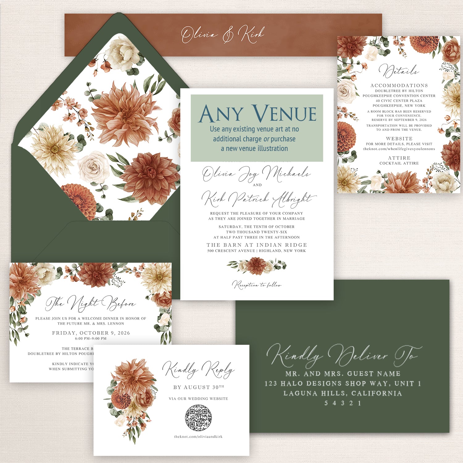 Elegant fall wedding invitation suite featuring a deep olive green envelope with a watercolor floral envelope liner of muted burnt orange dahlias, cream roses, and autumn foliage, formal invitation showcasing the Barn at Indian Ridge with a placeholder banner for any venue illustration, coordinating floral details card, rehearsal dinner card, RSVP card with floral bouquet and QR code, coordinating guest addressing envelope, and personalized belly band in warm terracotta, olive green, cream, and muted autumn