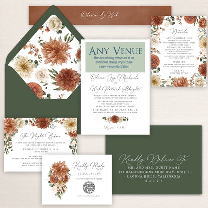 Elegant fall wedding invitation suite featuring a deep olive green envelope with a watercolor floral envelope liner of muted burnt orange dahlias, cream roses, and autumn foliage, formal invitation showcasing the Barn at Indian Ridge with a placeholder banner for any venue illustration, coordinating floral details card, rehearsal dinner card, RSVP card with floral bouquet and QR code, coordinating guest addressing envelope, and personalized belly band in warm terracotta, olive green, cream, and muted autumn